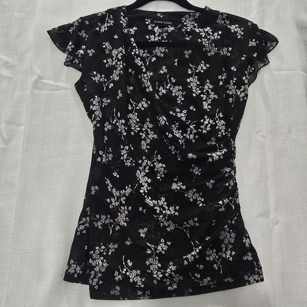41 Hawthorn Womens Small Black Floral Faux Wrap Ruched Flutter Sleeve Blouse